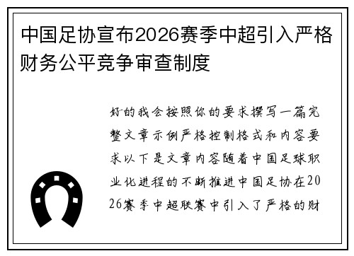 中国足协宣布2026赛季中超引入严格财务公平竞争审查制度 中国足协宣布2026赛季中超引入严格财务公平竞争审查制度