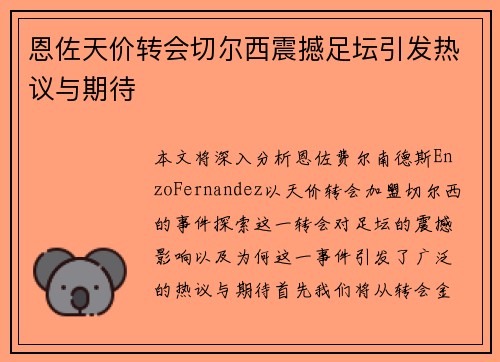 恩佐天价转会切尔西震撼足坛引发热议与期待